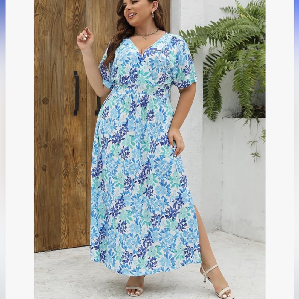 NWT keluummi blue green white floral knit short sleeve pocket maxi dress size XL